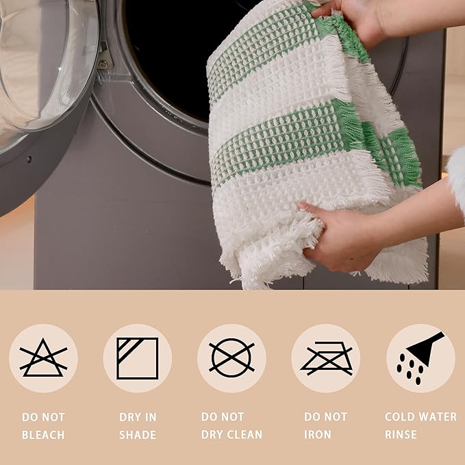 Waffle Bath Mat Non Slip, Boho Bathroom Rug, Super Absorbent Quick Dry Bathroom Mat, Soft Farmhouse Bath Rug with Tassels, Small Washable Shower Mats for Floor 16"x24", White and Green