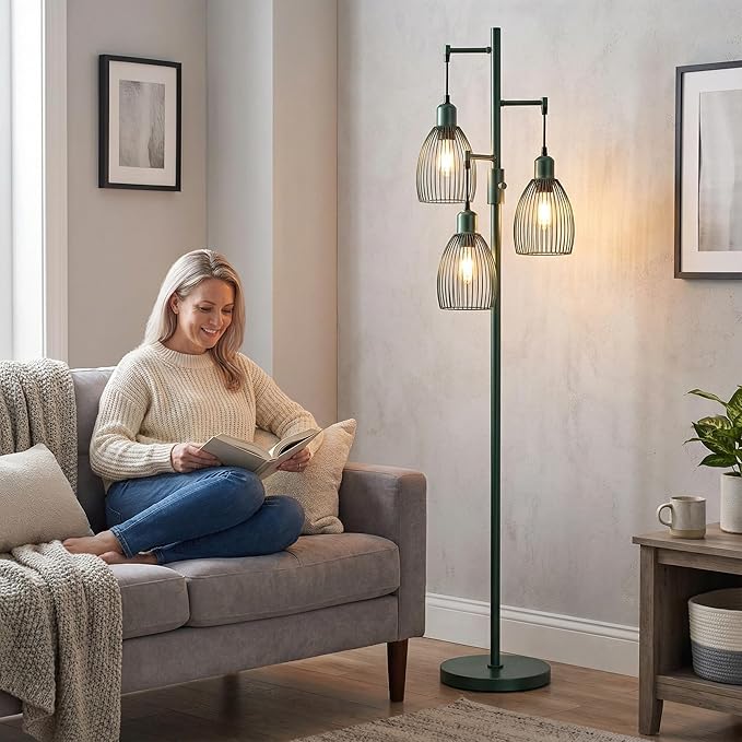 Torondo Dimmable Industrial Floor Lamps for Living Room, Green Tree Standing Tall Lamps with 3 Elegant Teardrop Cage Head & 800 Lumens LED Bulbs for Bedroom Office