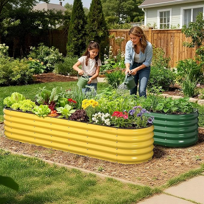 Winpull 8x2x1.5 ft Galvanized Steel Raised Garden Bed, Raised Garden Bed Kit, Galvanized Planter Box Outdoor, 18" Tall Oval Large Metal Raised Bed for Gardening Vegetables Flower Herb (Cream Yellow)