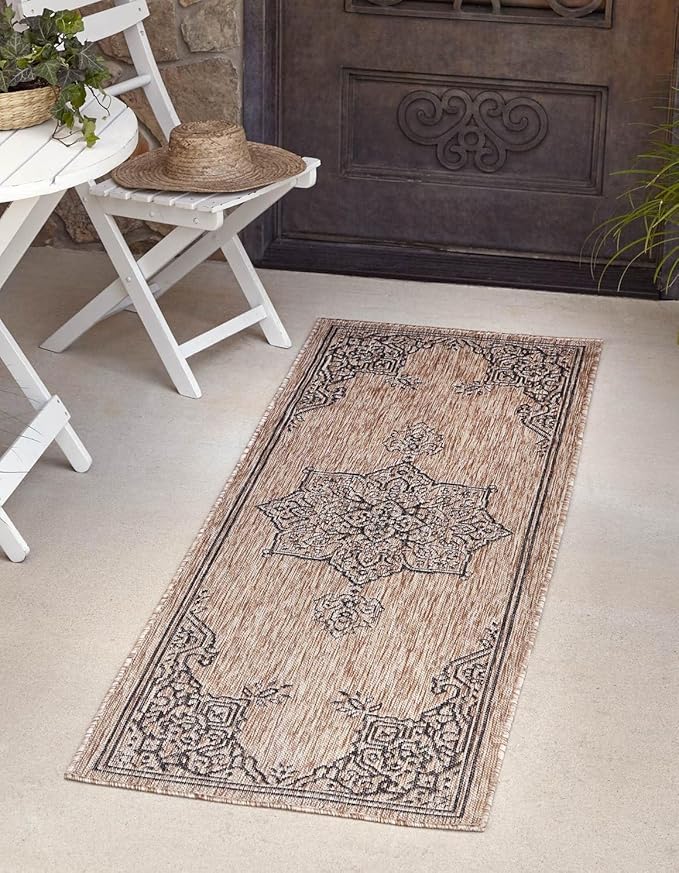 Unique Loom Outdoor Traditional Collection Area Rug - Antique (2' 7" x 10' Runner Beige/Black)