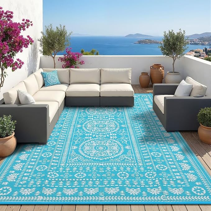 Garvee Reversible Outdoor Rug 6x9 for Patio, Waterproof Outdoor Area Rug, Modern Medallion Indoor Outdoor Rugs, Plastic Straw Rug for RV, Camping, Deck, Vintage Blue