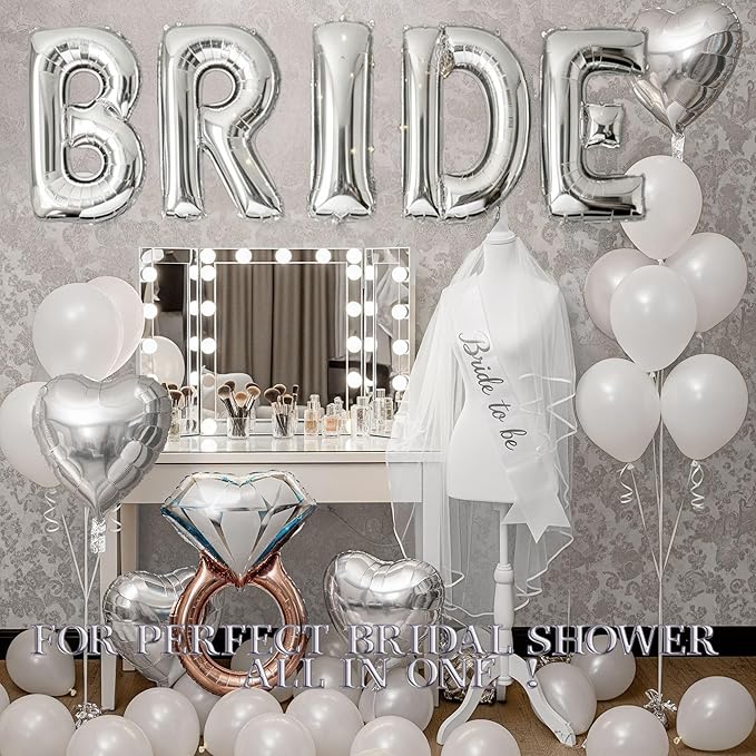 Silver Bridal Shower party decorations with huge 40in silver BRIDE letter Pearl Balloons BRIDE to be Sash Bridal Veil Diamond Ring Heart shape Balloons For Bachelorette party Wedding supplies