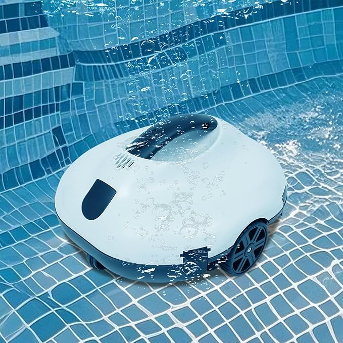 Robotic Pool Cleaner Automatic Pool Cleaner with Adapter and Practical Handle Cleaning Machine for Removing Sand Stones Hair One-Touch On/Off Wheel Design, White+Black