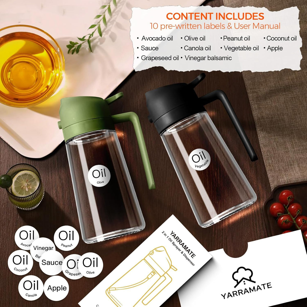 YARRAMATE 16oz/470ml Glass Olive Oil Sprayer for Cooking with Stickers, 2 in 1 Oil Dispenser for Kitchen Gadgets, Food Grade Premium Spray Bottle with Portion Control for Salad, BBQ (OliveGreen)