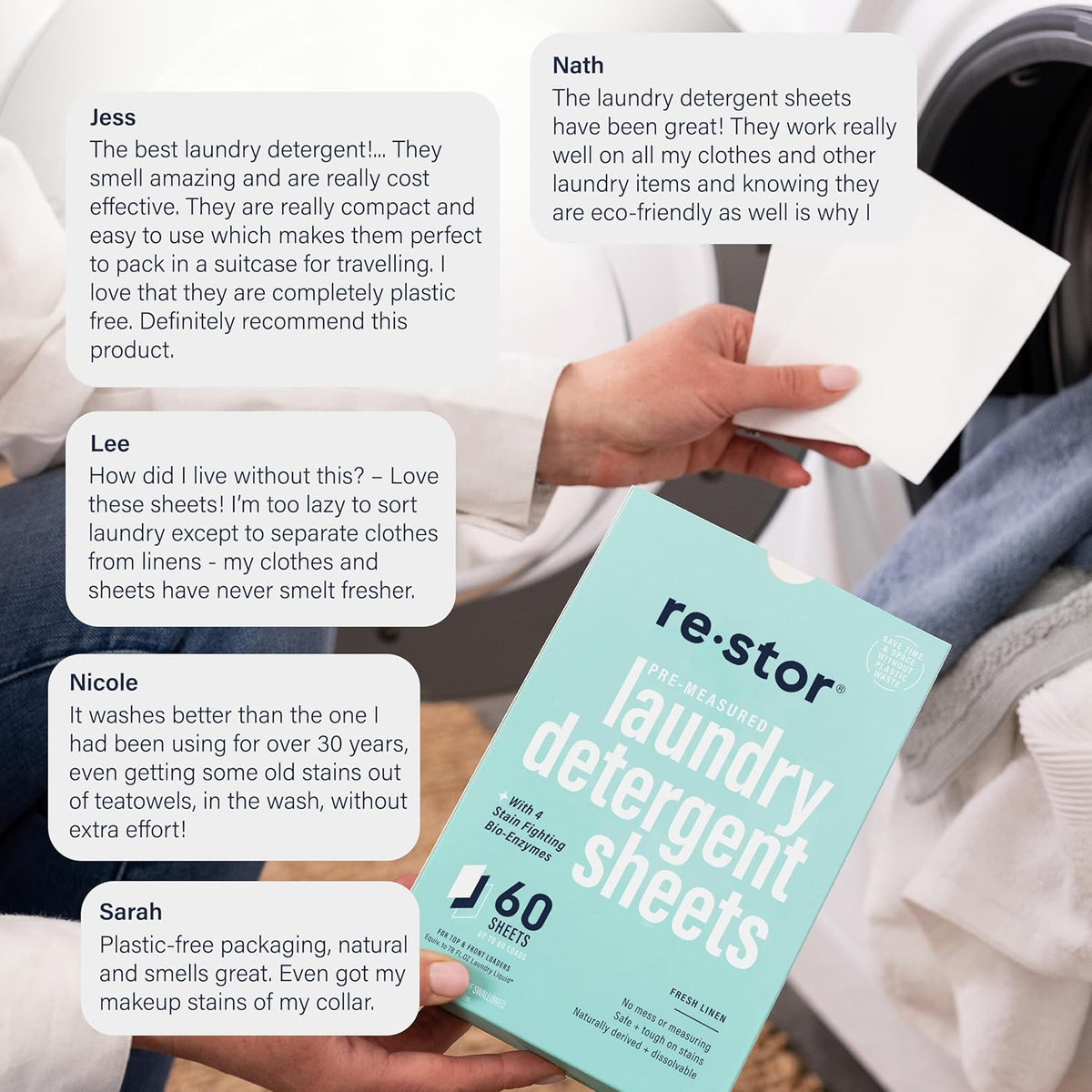 restor Laundry Detergent Sheets Fresh Linen 180 Loads | Eco Friendly Plastic Free Travel Laundry Washer Sheets | Superior Stain Fighting Washing Detergent sheets Number One in Australia