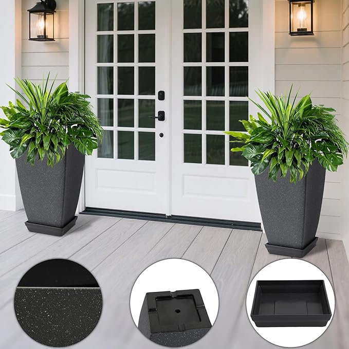 Neoaider Set of 2 Tall Planter, 21 inch Large Plastic Planter with Drain Hole & Saucers, Large Outdoor Planters for Porch, Garden, Patio, Balcony(Cement Gray)