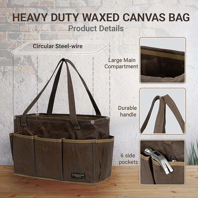 15.5-Inch Foldable Open Top Waxed Canvas Tool Bag, Multi-Purpose Wrench Tool Pouch with Handle, Durable and Water Resistant(Grey)
