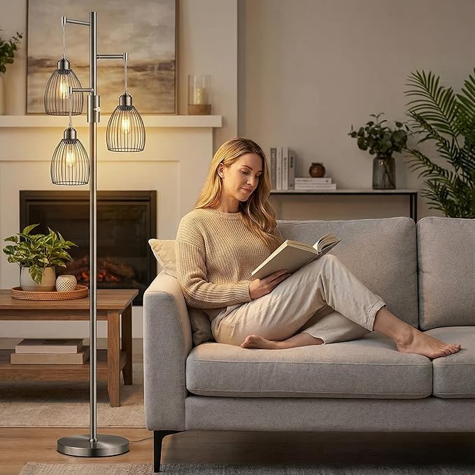 Torondo Dimmable Industrial Floor Lamps for Living Room, Gray Tree Standing Tall Lamps with 3 Elegant Teardrop Cage Head & 800 Lumens LED Bulbs for Bedroom Office