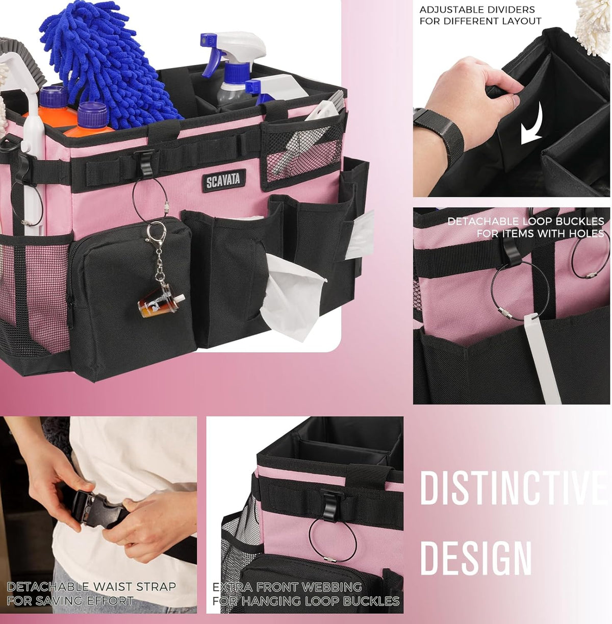 Wearable Cleaning Caddy Bag, Cleaning Caddy Supplies Organizer with Handle & Shoulder Straps for Housekeepers, Under Sink & Car Cleaning Tool Organizers with 4 Foldable Divider (SweetPink)