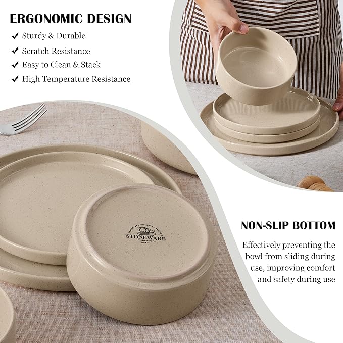 E-far Dinnerware Sets for 8, 24-Piece Stoneware Plates and Bowls Dish Set, Modern Kitchen Dinning Dishware, Chip and Scratch Resistant, Microwave & Dishwasher Safe, Speckled Khaki