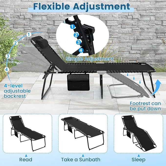 Goplus Chaise Lounge Chair, Folding 5-Postion Beach Lounge Chair with Detachable Pillow, Sunbathing Lounger, Adjustable Tanning Chair for Patio Lawn Pool Yard Outdoor