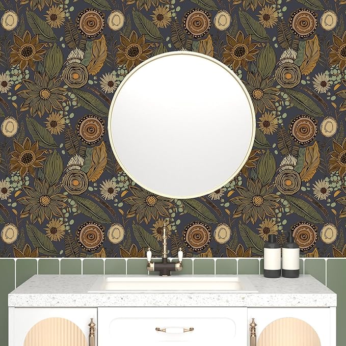 Boho Wallpaper Peel and Stick, Vintage Blue Yellow Floral Contact Paper
