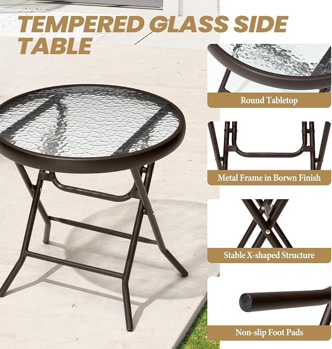 Foldable Side Table with Tempered Glass Top 18" Outdoor Folding Side Table Small Glass Patio Tables for Porch Yard Balcony Deck Lawn Dining Garden (Brown)