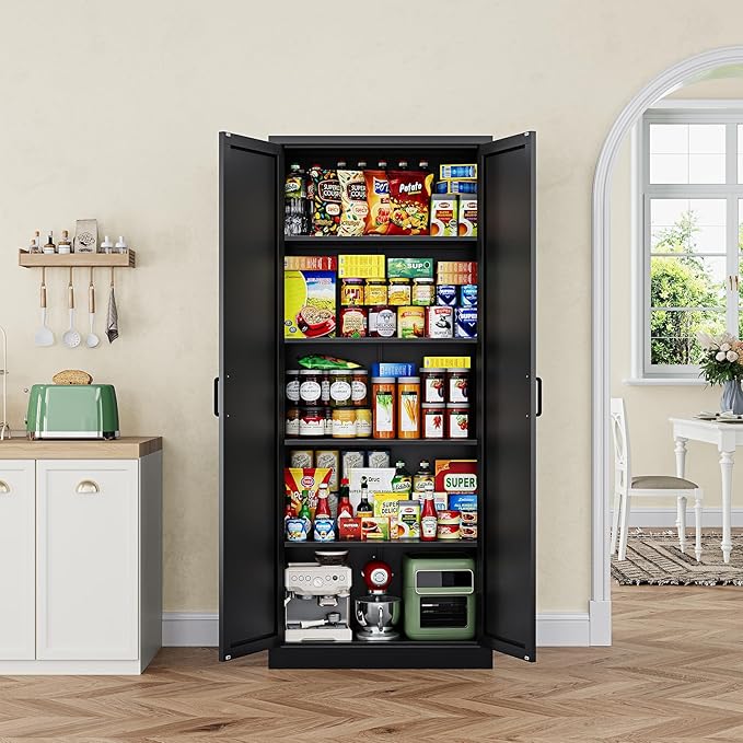 Letaya 75" H Metal Storage Cabinet with 2 Doors and 4 Shelves,Tall Kitchen Pantry Cabinets,Farmhouse Utility Pantry Organizers for Cupboard/Dining/Bathroom/Home Office/Garage Room,Black