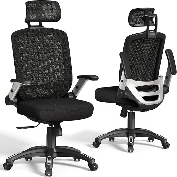 GABRYLLY Ergonomic Office Chair, High Back Home Desk Chair with Flip-Up Arms, 3D Headrest, Thick Sponge Seat &90-120° Recline, Big and Tall Mesh Executive Chairs for Man Woman, Midnight-Cloud