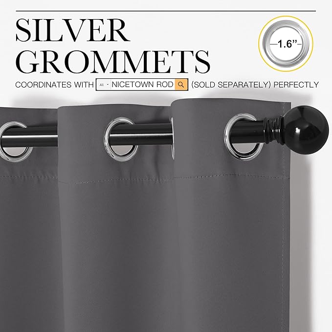 NICETOWN Bedroom Blackout Curtains Panels, 1 Pair, 55 inches by 94 Inch, Grey, Triple Weave Energy Saving Thermal Insulated Solid Grommet Blackout Draperies for Patio