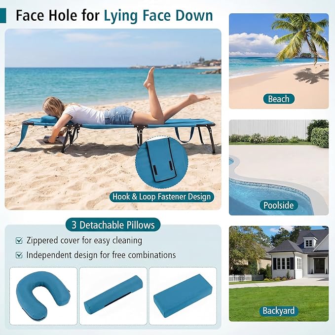GYMAX Beach Lounge Chair, Sunbathing Chair Patio Lounge Chair Folding Adjustable Recliner with Hole for Face