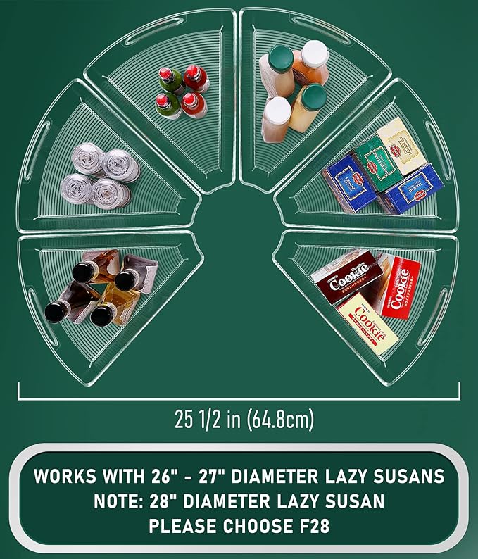 Lazy Susan Cabinet Organizer Bins for 26"/ 28"/ 32" Diameter Corner Organizer, Plastic Cabinet Storage Bin, 1/8 Wedge - Food Safe, BPA Free, with Non-Slip Pads (for 26" Diameter, 6 Pack)