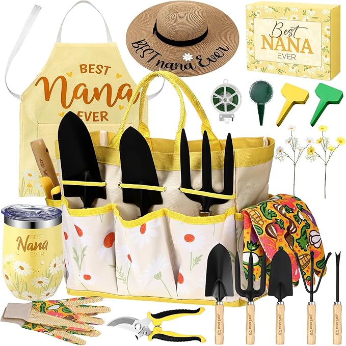 Lasnten 16 Pcs Mothers Day Garden Gift for Nana Women Dasiy Gardening Supplies Birthday Garden Tools Set from Daughters Gloves Apron Insulation Cup Fork Trowel Tote Bags for Plant Present