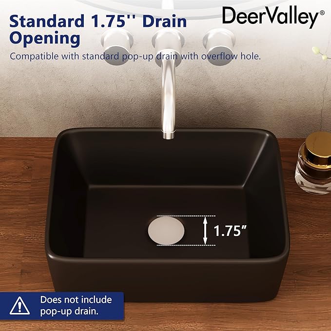DeerValley 16x12 Inch Black Rectangular Vessel Sink, Above Counter Porcelain Ceramic Top Mount Sink, Countertop Vanity Art Basin for Bathroom, DV-1V0048B