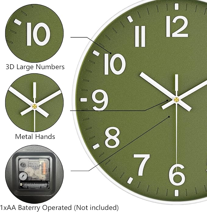 Wall Clocks Battery Operated, 12 Inch Non Ticking Wall Clock, Silent Analog