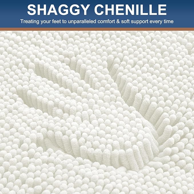 Smiry Luxury Chenille Bathroom Rugs 47x20, Extra Soft and Absorbent Shaggy Bath Mat, Machine Washable, Non-Slip Plush Carpet Runner for Tub, Shower, and Floor, Home Decor Accessories, Ivory