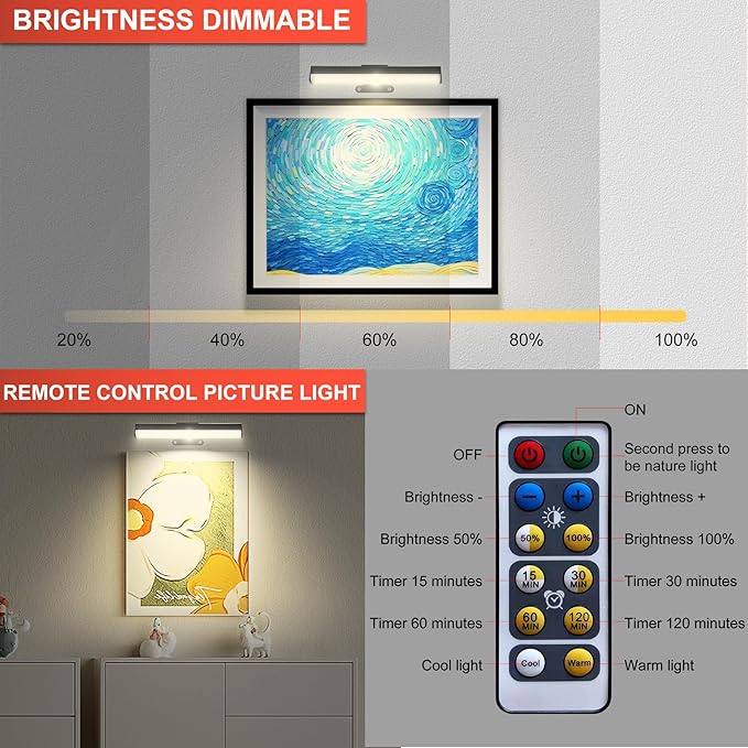Wall Picture Lights with Remote, Dimmable Painting Light Battery Powered with 3