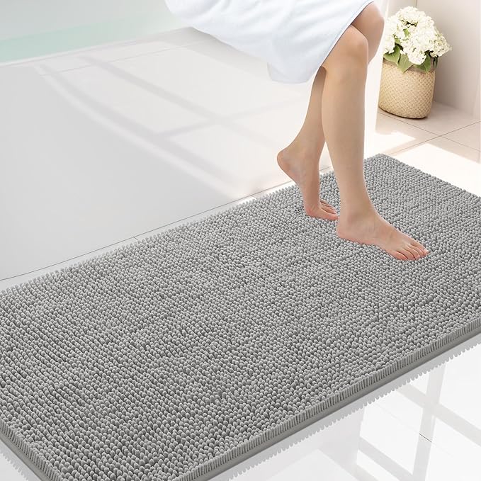 Smiry Luxury Chenille Bathroom Rugs 44x24, Extra Soft and Absorbent Shaggy Bath Mat, Machine Washable, Non-Slip Plush Carpet Runner for Tub, Shower, and Floor, Home Decor Accessories, Light Grey