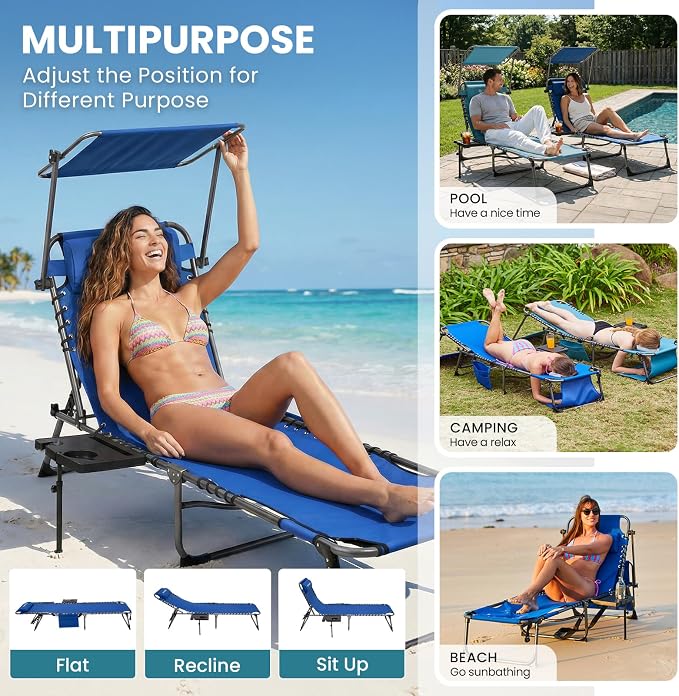 FUNDANGO 400lbs Heavy Duty Tanning Chair, Set of 2, Blue | Face Hole & Canopy & Side Table, 5 Positions, Facedown Chaise Lounge with Pillow, 400lbs