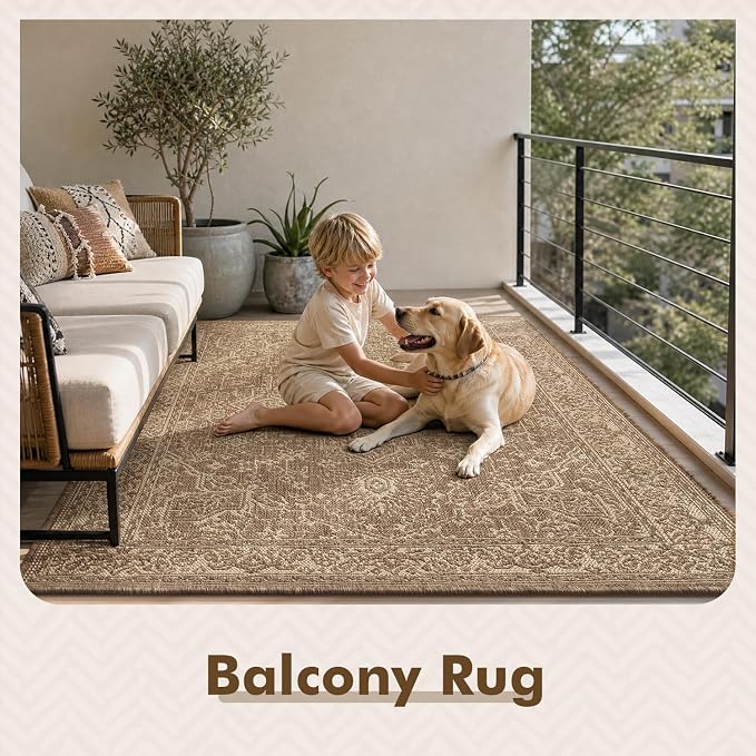 MontVoo-3x5 Outdoor Rug Porch Entryway Rug-Polypropylene Indoor Outdoor Rugs for Entryway Kitchen Balcony Patio, Textured Weave, Durable, Fade-Resistant, Non-Shedding, Vintage Neutral Brown