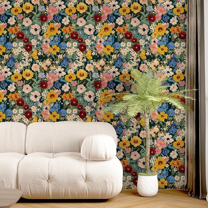 BOKEBEVE Watercolour Floral Peel and Stick Wallpaper Colorful Boho Contact