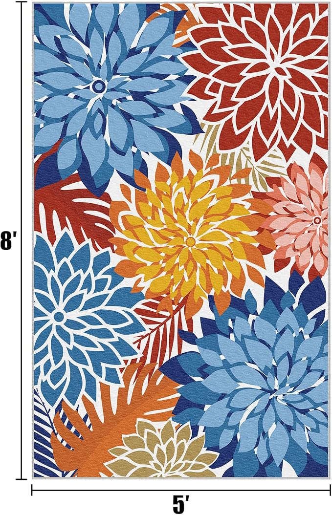 Colorful 5x8 Outdoor Area Rug Washable Multicolored Patio Rug Tropical Botanical Floral Chenille Waterproof Outdoor Carpet for Living Room, Deck, Backyard, Porch, Vivid Dahlia