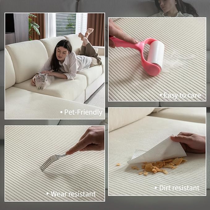 OHSIO Sectional Couch Covers, Wear Resistant Stretch Sofa Covers Washable Soft Couch Cushion Covers Anti Slip Furniture Protector Sofa Slipcovers for Pets(4 Pieces 3 Seaters+1 Chaise, Ivory)