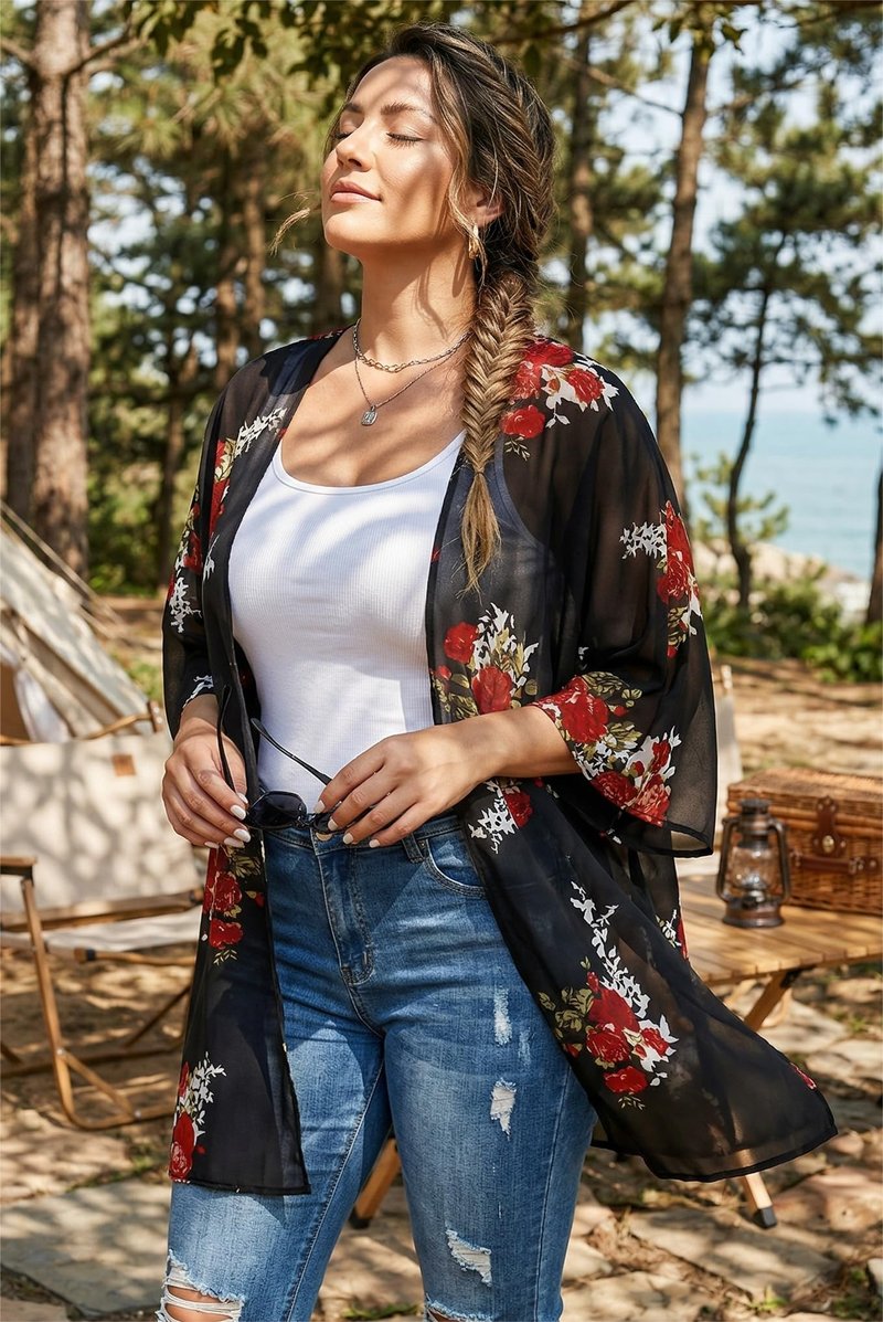 Women's Floral Kimono Print Puff Sleeve Loose Cardigan Cover Up Casual Blouse Summer Tops (Blue Yellow Floral, 2XL)