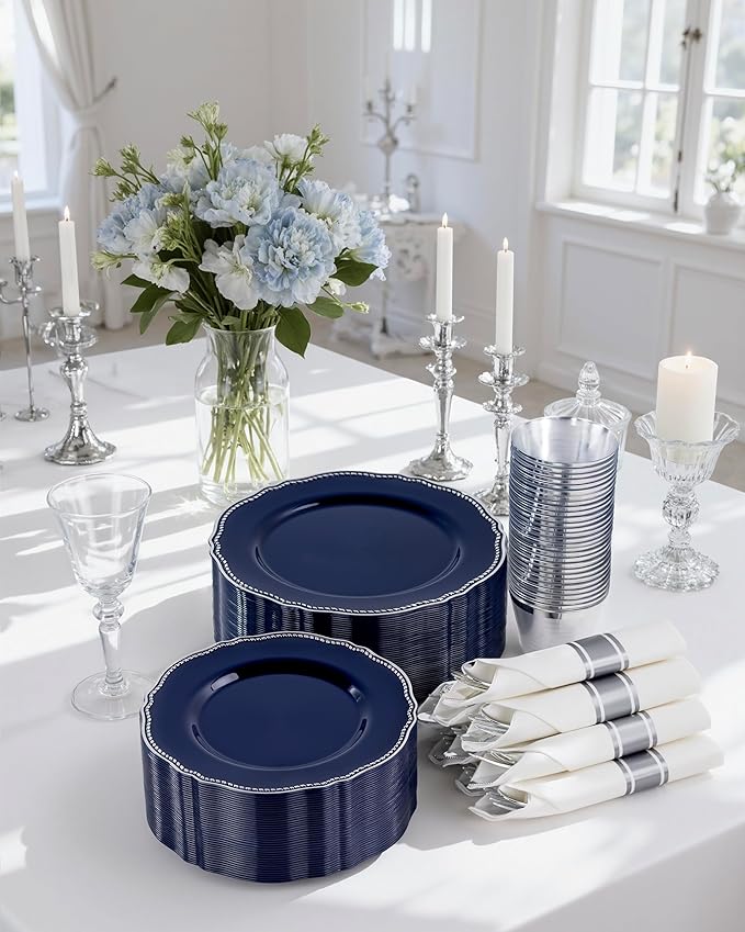 Hioasis 350pcs Blue Silver Plastic Plates - Silver Plastic Dinnerware Set Includes 50 Dinner Plates, 50 Dessert Dinnerware, 50 Cups, 50 Napkins Perfect for Wedding & Party
