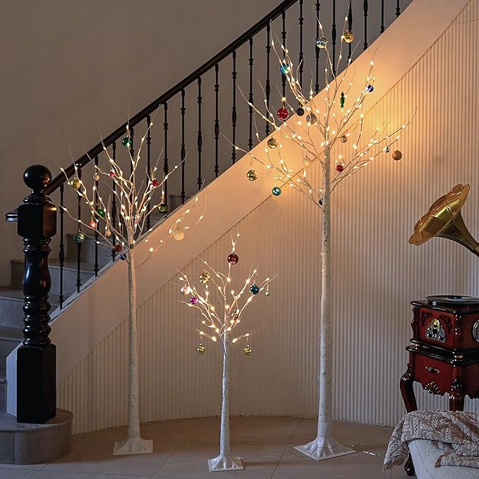 4ft & 6ft & 8ft LED Birch Tree Set, with Warm White Lights for Outdoor Indoor Christmas & Wedding Decor (3 Sizes Pack)