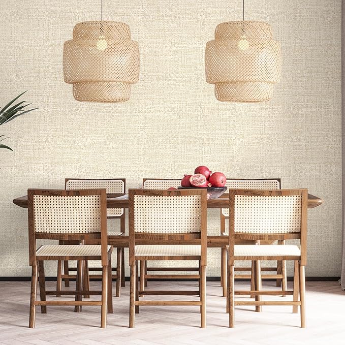 Beige Grasscloth Peel and Stick Wallpaper 17.3"x160" Faux Linen Textured