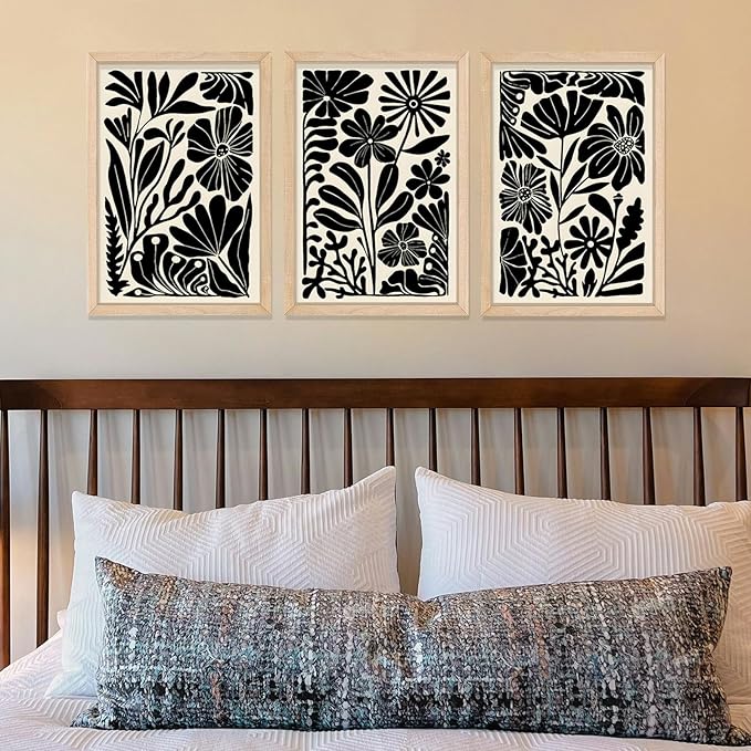 YWJKWLGS Abstract Floral Wall Art Set of 3, 11x16 Inch Black Boho Flower Prints