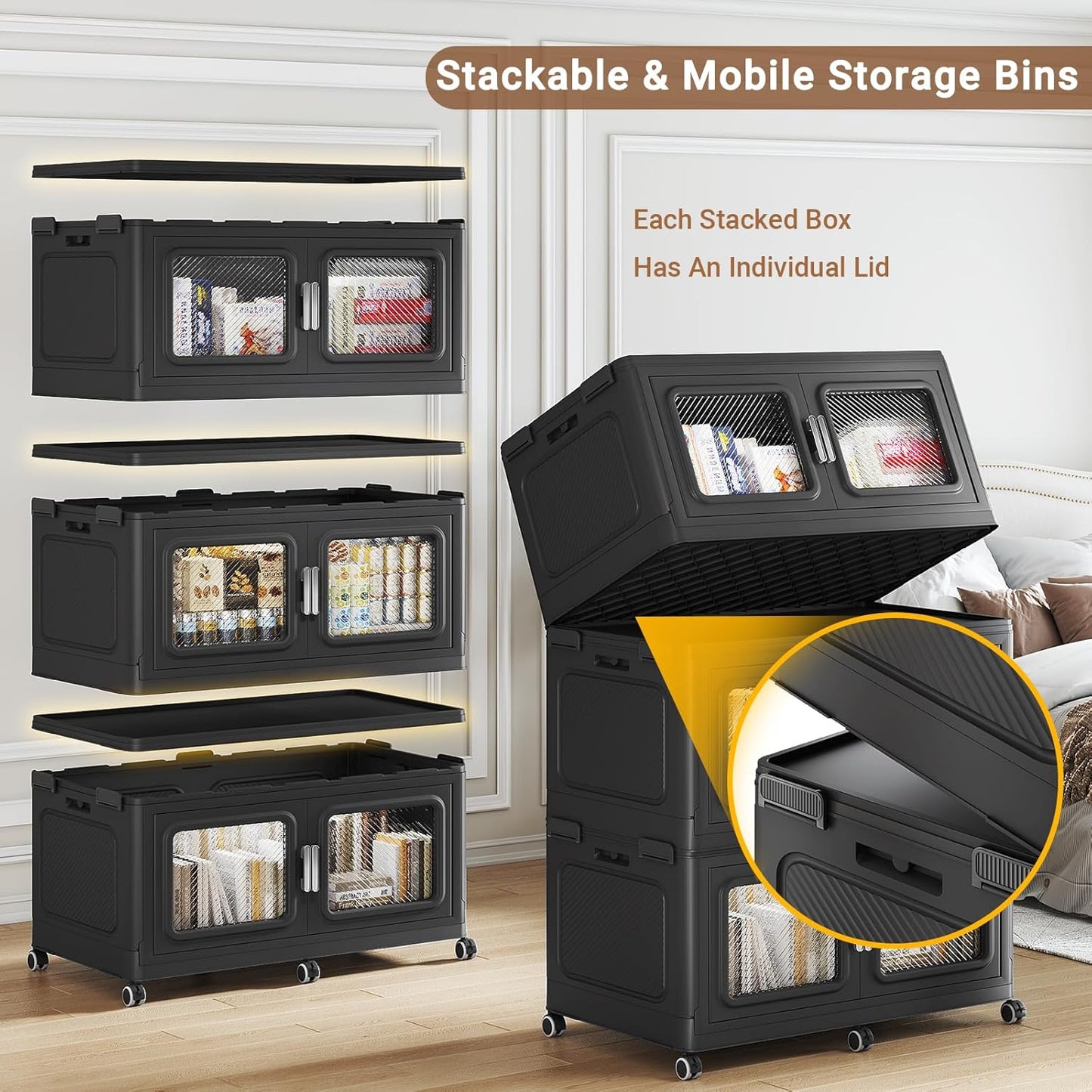 BROVIEW 300 Qt Stackable Storage Bin with Lid, 75Gal Extra Large Collapsible Storage Boxes, Folding Plastic Drawer, Heavy-Duty Store Cabinet, Closet Organizer for Home Kitchen, 1 Pack Black