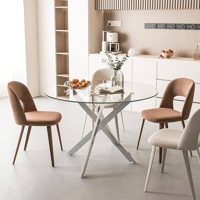 47.24" Round Glass Dining Table Modern Kitchen Glass Top Table for 6 with Silver Metal Legs, Clear Dining Table Kitchen Table for Home Office Dining Room