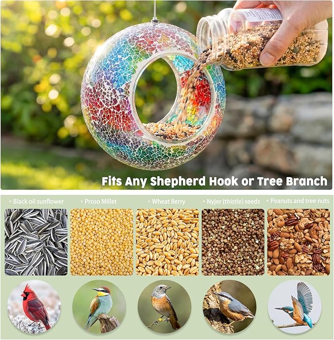 VCUTEKA Bird Feeder Mosaic Fly Through Bird Feeders for Outside Hanging with Round Shape Glass Container to Attract More Wild Birds for Garden, Yard, Backyard, Deck and Porch Decor, Purple 7-Inch