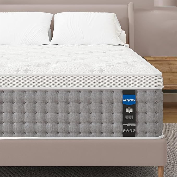 Sleepmax Full Mattress 12 Inch - Hotel-Collection Hybrid Mattress Pain Relief - Deep Sleep Mattress in a Box Extra Lumbar Support - Fiberglass-Free Bed, CertiPUR-US Certified, 365-Night Trial