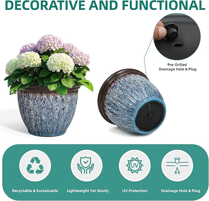 15" D Large Flower Pots, 2-Pack Big Planters for Indoor Outdoor Plants, UV-Protect PP Container for Garden Patio Yard Balcony Porch or Home Decor, Artistic Floating Blue & Brown Glaze