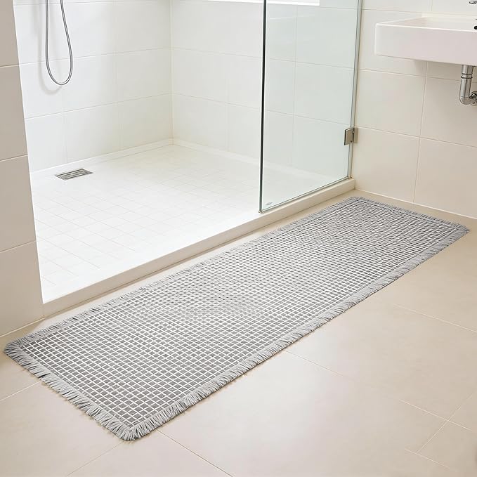 Waffle Runner Rug Non Slip, Boho Bath Mat, Super Absorbent Quick Dry Long Bath Runner Bathroom, Soft Farmhouse Bath Rug with Tassels, Washable Shower Mats for Floor 24"x72", Light Grey