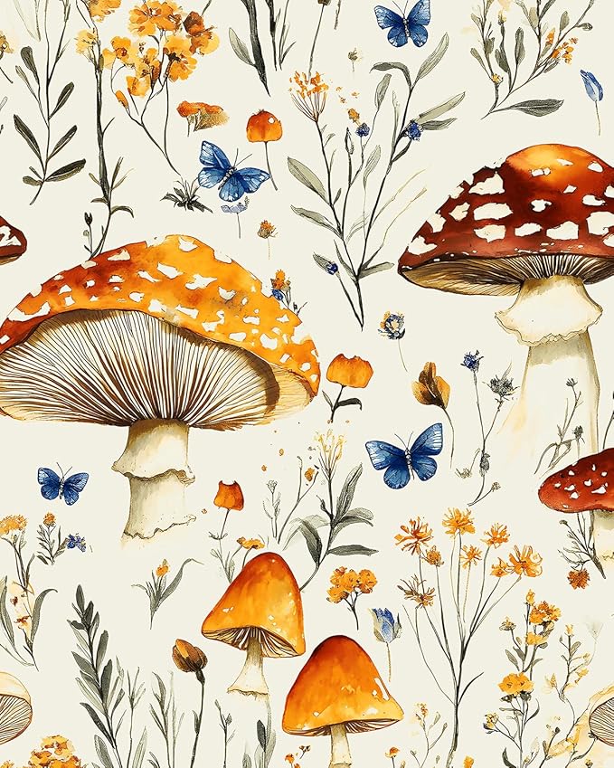 BOKEBEVE Mushroom Peel and Stick Wallpaper Beige Colorful Floral Contact Paper