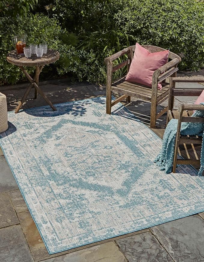 Unique Loom Outdoor Traditional Collection Area Rug - Valeria (7' 1" x 10' Rectangle, Aqua/ Ivory)