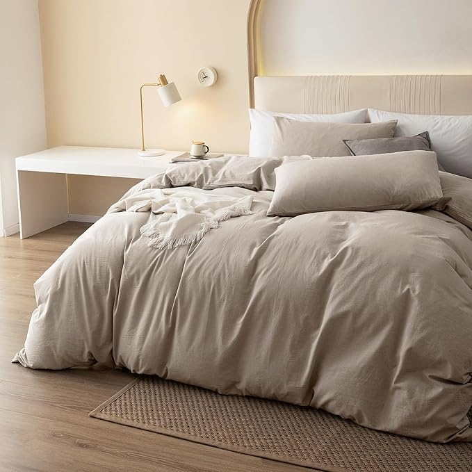 JIYUAN 100% Washed Cotton Duvet Cover Set 3 Pieces King, 1 Duvet Cover 104x90 Inches(Comforter Not Included) and 2 Pillowcases,Linen Feel Bedding Set Comfy and Breathable, Heathered Tannish Linen Grey
