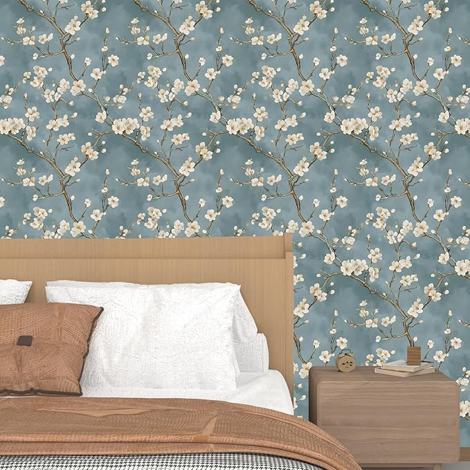 Blue Floral Wallpaper Peel and Stick Vintage White Flowers Contact Paper Vinyl