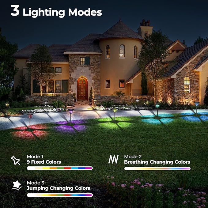 CINOTON 18 Pack RGBCW Solar Pathway Outdoor Lights, 3 Lighting Modes Solar LED Garden Lights, IP65 Waterproof Outside Solar Powered Landscape Lighting for Planter Lawn Pool Balcony RGB/Warm/Cold White