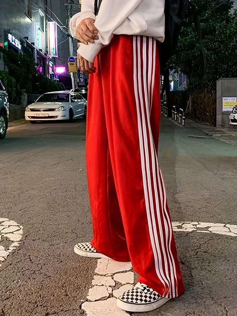 KMBANGI Women Striped Track Pants Elastic Waist Straight Leg Sweatpants Joggers Wide Leg Side Stripes Pants with Pockets(Casual Red,S)